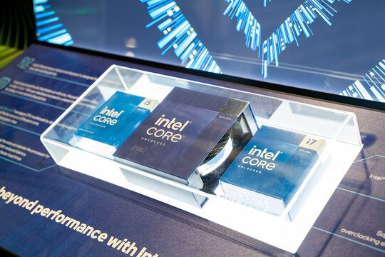 View of Intel Core processors on display stand. Toronto, Canada - December 3, 2025.