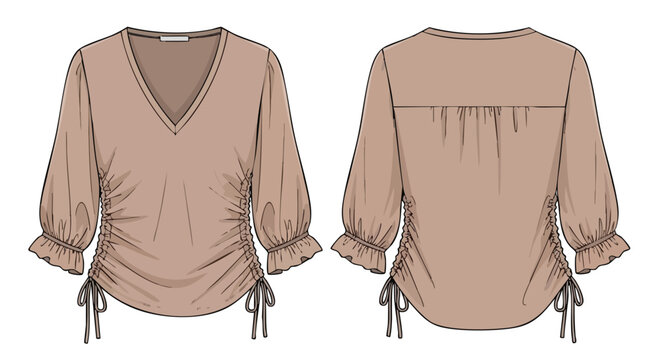 Detailed Fashion Illustration: Front and Back View of a Beige V-Neck Blouse with Drawstring Sleeves