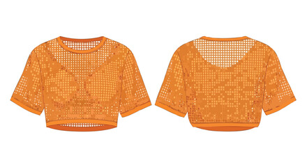 Vibrant Orange Mesh Crop Top: Front and Back View Depicting Modern Fashion Design and Style