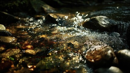 Sunlit stream flowing over smooth rocks, water sparkling as it glides through a rocky pool. Concept Sunlit Stream, Flowing Water, Smooth Rocks, Sparkling Pool, Nature Scene