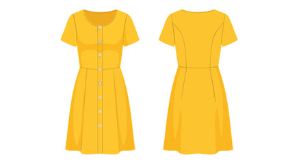 Sunlit Charm: Front and Back Views of a Cheerful Yellow Button-Down Dress Illustration