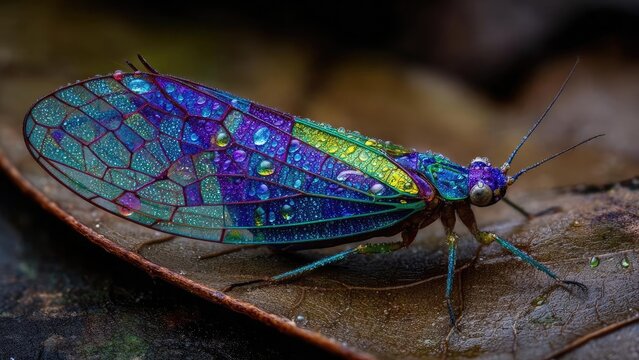 Iridescent rainbow lacewing with jewel-toned blue, purple and green wings resting on a wet leaf. Concept Iridescent lacewing, Blue purple green wings, Resting on a wet leaf, Macro nature photography