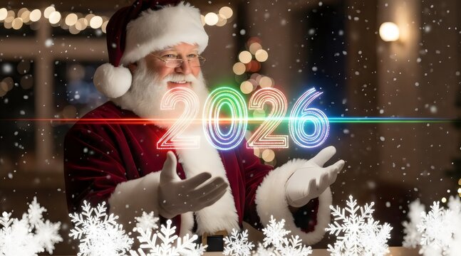 Santa Claus Holding Glowing 2026 Neon Numbers and Snowflakes on Christmas Eve, Symbolic Holiday Greeting Card and Magic Concept 