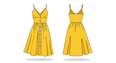 Vibrant Mustard Yellow Sundress Illustration: Front and Back View, Capturing Summer Fashion and Design Aspects with Simplicity and Elegance