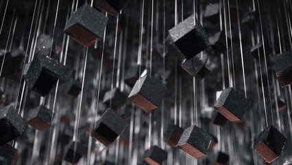 A multitude of small glittery black cubes suspended on thin wires, hanging in a dark, abstract installation. Concept Glittering Cube Installation, Suspended Wire Sculpture, Dark Abstract Art