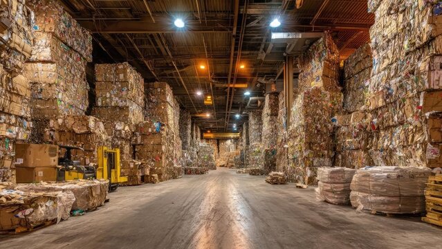 A large recycling plant with towering stacks of cardboard and paper bales lining the aisles and a forklift nearby. Concept Industrial Recycling Plant, Cardboard and Paper Bales, Forklift in Action