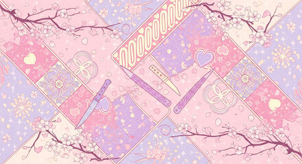 Sweet but sharp Yami Kawaii aesthetic featuring a pastel patchwork of hearts and stars with an unsettling collection of knives, scalpels, and scissors among cherry blossoms
