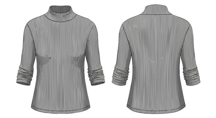 Grey pleated knit top featuring a mock turtleneck and three-quarter sleeves, showcase front and back views against a clean white background