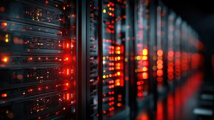 Server racks in a data center illuminated by red and orange indicator lights. Concept Data Center Racks, Red and Orange Indicator Lights, Tech Infrastructure, Industrial Lighting