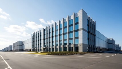 Spacious modern industrial building exterior with sleek design and ample parking, representing a contemporary logistics and distribution hub