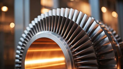 Close-up of a large turbine rotor with hundreds of metallic blades arranged around a circular ring. Concept Industrial close-up, Turbine rotor detail, Metallic blades and circular ring