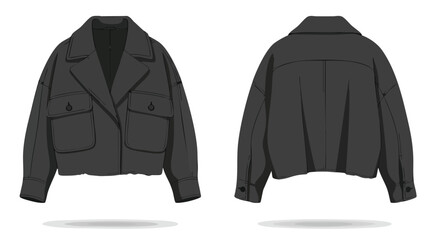 Detailed vector illustration showcasing the front and back of a stylish cropped jacket with distinct pocket details and design lines