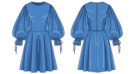 Elegant Blue Dress with Bishop Sleeves: Fashion Illustration of a Stylish Design with Buttoned Back and Flared Skirt