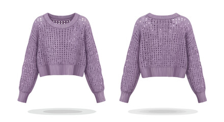 Front and back showcasing a lavender open-knit sweater, presenting a relaxed yet fashionable design, featuring long sleeves and a textured pattern