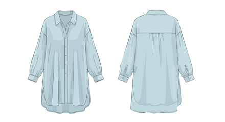 Elegant long-sleeve shirt dress technical drawing: front and back view showcases style and details featuring lightweight fabric and a sophisticated
