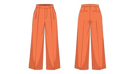 Front and Back Technical Fashion Illustration of Stylish Wide Leg Trousers in Copper Hue offering versatility and comfort for creative apparel