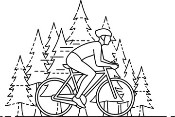 Minimalist line art illustration of a person road cycling or mountain biking through a stylized pine forest landscape design.