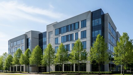 Fototapeta premium Modern multi-story corporate office building showcasing contemporary architecture, large windows, and lush green landscaping, ideal for professional business operations