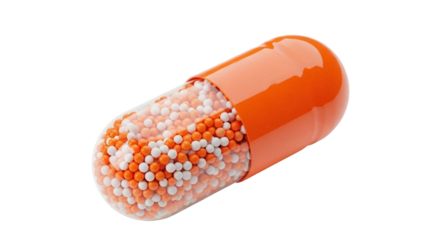 Orange and white capsule with granules isolated PNG, medicine supplement for healthcare and pharmaceutical industry on transparent background