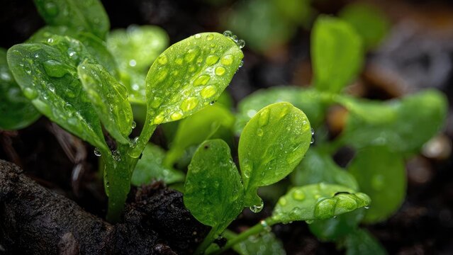 Young spinach plants with water droplets on their leaves. Concept Young spinach plants, Water droplets on leaves, Morning dew, Fresh greens, Close-up shot