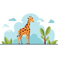 Obraz premium Vector Illustration Of A Giraffe Standing In A Lush Green Environment With Trees And Clouds Under A Bright Sky