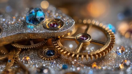 Close-up of gold watch gears and jeweled bearings on a glittery surface, with a blue faceted gem resting atop the mechanism. Concept Macro watch gears, Jeweled bearings, Glittery surface