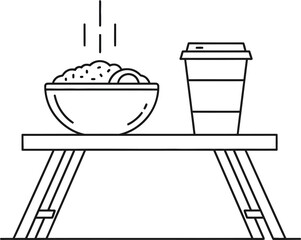 Minimalist outline icon of a breakfast tray with a steaming bowl of food and a takeaway coffee cup, representing morning meal