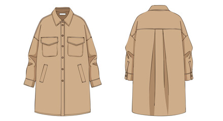 Technical Fashion Illustration of a Beige Overshirt Dress with Front and Back Views for Design Concepts