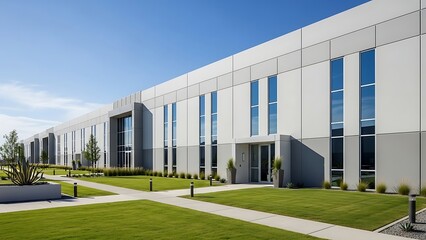 Obraz premium Exterior facade of a modern industrial or commercial building with a landscaped green lawn under a clear blue sky