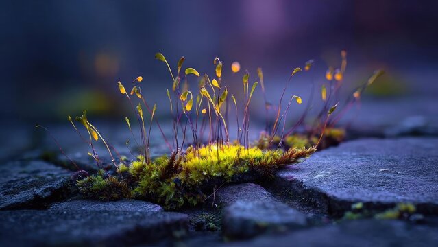 Moss growing in a crack of a stone path, with slender stalks rising from glowing yellow-green clumps under cool blue-purple light. Concept Moss in a stone path crack, Glowing yellow-green clumps