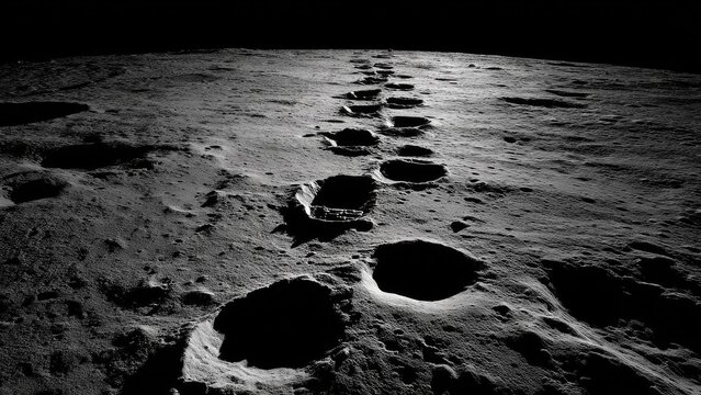 Line of astronaut footprints across the Moon&rsquo;s cratered, dusty surface under a black sky. Concept Lunar footprints line, Cratered Moon surface, Black sky backdrop, Space exploration moment