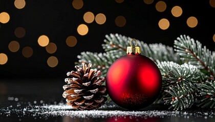 Festive Holiday Arrangement: A captivating Christmas still life, featuring a vibrant red bauble and a textured pine cone, nestled beside a delicate evergreen sprig against a dark background.