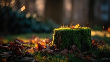 Naklejka premium Moss-covered tree stump bathed in warm autumn sunlight, surrounded by fallen orange leaves. Concept Autumn Forest Lighting, Moss-covered Stump, Warm Sunlight, Orange Leaves, Rustic Nature Portrait
