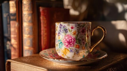 Fototapeta premium Floral porcelain teacup with gold trim on a matching saucer, resting on an old leather-bound book beside vintage volumes. Concept Floral porcelain teacup, Matching saucer, Leather-bound book