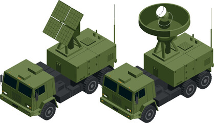 Isometric Military Radar and Communication Truck Vector Set