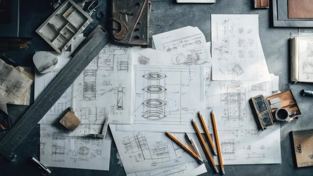 Drafting desk cluttered with architectural blueprints, rulers, pencils, and vintage drafting tools. Concept Architectural Drafting, Drafting Desk Clutter, Blueprints, Vintage Drafting Tools