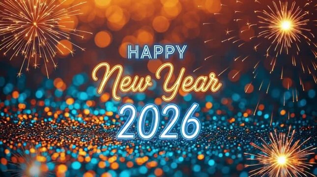 Happy New Year 2026 Fireworks Celebration Background.