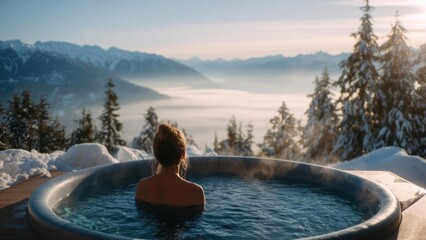Person relaxing in an outdoor hot tub on a snowy mountainside, steam rising as dawn lights snow-covered trees and distant misty valley. Concept Winter hot tub serenity, Dawn over snowy mountains
