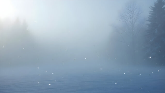 Serene winter landscape with snow falling gently over a frozen lake surrounded by misty evergreen forest. isolated on white background