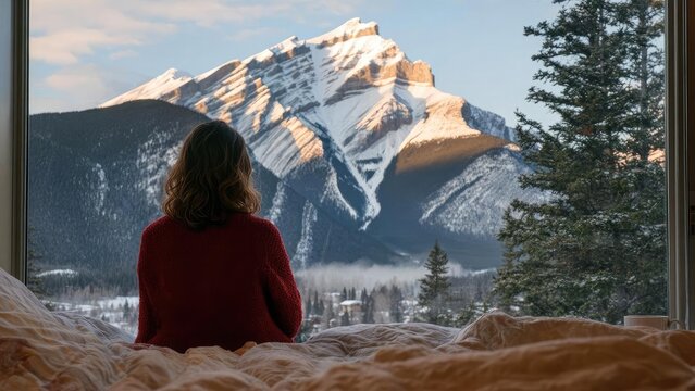 Person in a red sweater sits on a bed, gazing at snow-covered mountains through a large window. Concept Cozy bedroom scene, Person on bed, Red sweater, Snowy mountain view through window