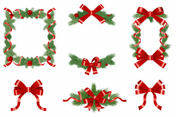 Christmas decorations with greenery red bows and ribbons