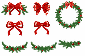 Collection of festive red bows and christmas greenery decorations