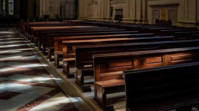 phonology. Ancient wooden church pews in rows, light from stained glass window. event programs, museum guides, designed for cultural heritage projects and event programs.
