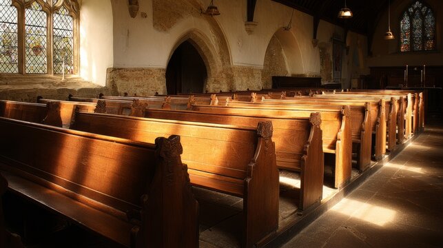 phonology. Ancient wooden church pews in rows, light from stained glass window. event programs, museum guides, designed for cultural heritage projects and event programs.
