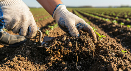 Ecologist agronomist collects soil samples from a farm field for analysis. Close-up