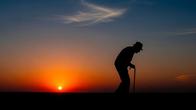 Elder person walking with a cane against a vibrant sunset sky