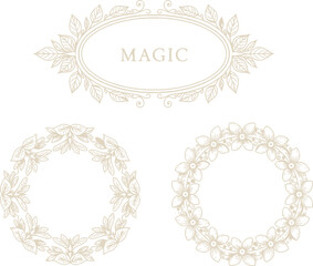 Beige floral oval with Magic text and botanical circular border on white
