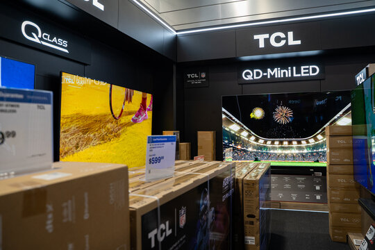 View of TCL QD-Mini LED television display in retail store. Toronto, Canada - December 3, 2025.
