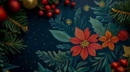 Festive christmas wreath with red poinsettias and greenery