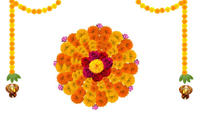 Indian floral wreath with yellow flowers and mango leaves. Traditional decoration for wedding, Hindu holidays, , Onam festival, temple, functions, greeting.